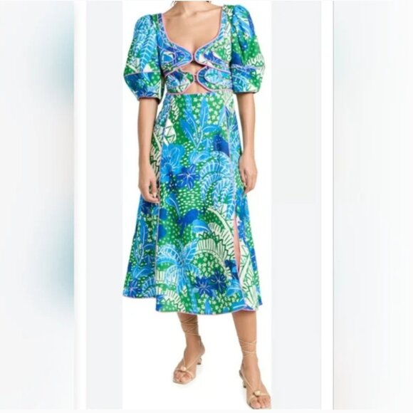 Farm Rio Jungle Panther Puff-Sleeve Cutout Midi Dress size S - Picture 1 of 5